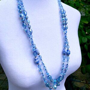 Vtg W. Germany Blue Glass Faceted Beads Long Necklace